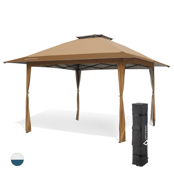 ARROWHEAD OUTDOOR 13’x13’ Pop-Up Canopy & Instant Shelter, 150D Fabric Construction, Adjustable Height, Wheeled Carry Bag, Guide Ropes & Stakes Included, Brown & Tan v2 (New) (KGS0389U)