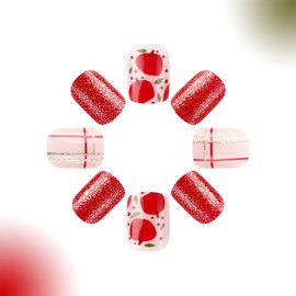 Christmas Apple Press on Nails Short Length Christmas Fake Nails Square Shape Nails Full Cover New Year Red Acrylic Nails Gold Glitter Stick on Nails Xmas False Nails for Women Girl Nail Art 24Pcs
