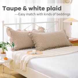 K MASANIJI 2 Pack Taupe White Plaid Gingham Ruffle Pillow Shams Standard Size 20x26 inches, 100% Washed Cotton Checkered Farmhouse Pillow Covers for Bed/Sofa (20x26 inches,Taupe/White Plaid)