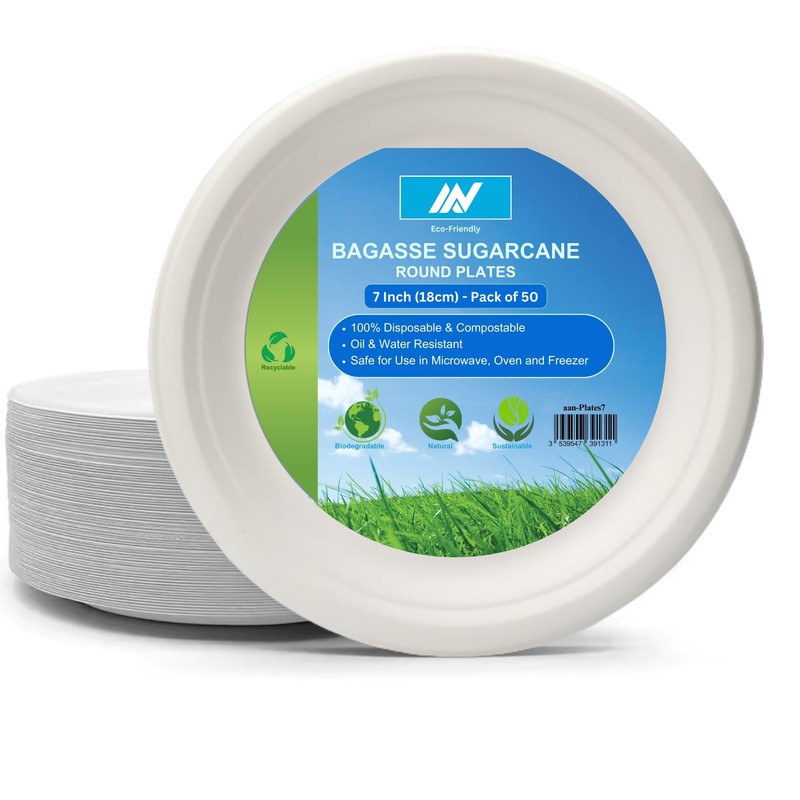 AAN 100% Compostable Biodegradable Paper Plates, Heavy-Duty Eco-Friendly Disposable Bagasse