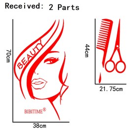 BIBITIME Modern Fashion Beauty Girl Cut Hair with Scissors Comb Barber Shop Wall Decal Window Sticker Hairdressing Salon Creative Personality Vinyl Art Mural (Red, DIY 22.04" x 28.35")