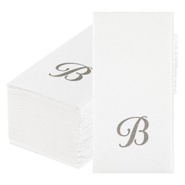 Luxenap 15.8 X 7.9 Inch Linen-Feel Guest Towels, 50 Lettered Hand Towels - Silver Letter 'B', Cursive Font, White Paper Dinner Napkins, airlaid, For Restrooms And Tables - Restaurantware