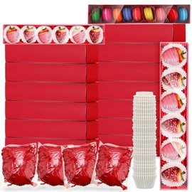 Cholemy 40 Sets Valentine's Day Chocolate Strawberries Boxes with Clear Window 250 Pcs Paper Food Trays 4 Bags Raffia Bakery Macaron Boxes Disposable Serving Trays Gifts 12 x 2.2 x 2 Inches(Red)