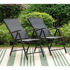 PHI VILLA Folding Patio Dining Chairs Set of 2, Adjustable Patio Sling Chairs Reclining High Back Chairs with Armrest for Outdoor Garden Lawn Pool Yard, No Assembly, Black