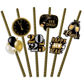 48PCS Happy New Year Straws 2025 – New Year’s Eve Striped Straws Party Supplies Decorations