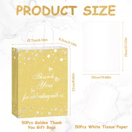 50Pcs Thank You Gift Bags with Tissue Paper, Thank You Paper Kraft Bags Bulk with Handles, Wedding Baby Shower Party Favors Bags for Guests Business Shopping Birthday Bridal Return Souvenirs (Gold)