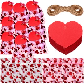 Windyun 300 Bolsas de Golosinas para San Valentín Saco de Dulces con Corazón de Amor Regalos de San Valentín con 300 Etiquetas de Papel Kraft de Corazón y Cuerda Total de 60 m para Mujeres Fiesta