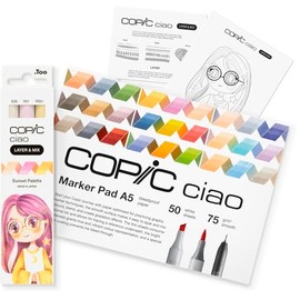 Copic Ciao LAYER & MIX Starter Set Sunset, Marker Set with 3 Different Colours, Marker Paper and Drawing Template for Tracing, Includes Learning Exercise Sheet