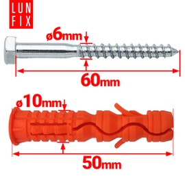 50 Stk. Set Dübel 10x50 mm mit Sechskantschraube 6x60 mm aus Nylon und Stahl weiß verzinkt inkl. Schrauben für Beton, Mauerwerk, Pergola, Fassadenmontage