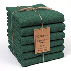 DineNest Waffle Kitchen Dish Towels 100% Cotton 16x26 Inch Set of 6 - Highly Absorbent Soft Durable Washable Dish and Cleaning Low-Lint Towels for Kitchen & Home - Quick Drying Dish Towels Green