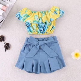 Kids Baby Girls Outfits Floral Ruffle Off Shoulder Crop Tops + Bowknot Denim Shorts Skirt Set Toddler Summer Clothes (Blue,11-12 Years)