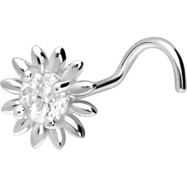 PIERCINGLINE 750 Gold Nose Piercing Spiral | 18 Carat | Crystal Flower | Piercing Nose Stud | Choice of Colours, White Gold