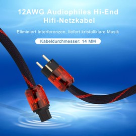 YuanYong Audiophile High End Power Cable OFC 2-Pin IEC-C15 Plug with Gold-Plated High-Quality Braided Power Cable HiFi Power Cable for Audio, Speakers, Subwoofer, Home Cinema (1 m / 3.3 ft)