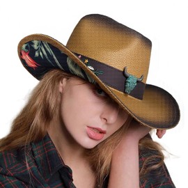 WELLATENT Western Cowboy Hats for Men and Women, Rolled Brim Straw Hats with Pattern，Music Festival Party Beach., Redflower, Medium-Large