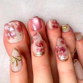 Gold French Press on Nails Medium & Press on Toenails Set - Almond Fake Nails Press ons Cat Eye Glitter Glue on Nails Nude White Fake Toe Nails with Bow Pink Flowers Design Acrylic Nail Kit 48Pcs