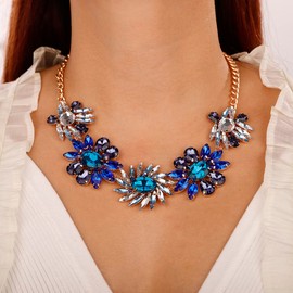 Xerling Blue Crystal Collar Necklaces Flower Statement Bib Necklaces for Women Floral Antique Costume Necklaces