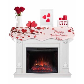 Heart Mantel Scarf Happy Valentines Day Fireplace Mantel Scarf Cover Red Heart Tree Fireplace Cloth Table Runner Decoration for Home Living Room Valentine's Day, Wedding, Anniversary 60 x 17 inch