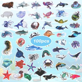 100pcs Ocean Stickers, Fish Stickers for Kids, Waterproof Shark Stickers, Ocean Animal Stickers, Vinyl Stickers for Water Bottles, Scrapbooks, Skateboards, Phone, Laptop, Birthday Party Supplies