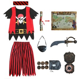Kids Pirate Costume,Pirate Role Play Dress Up Completed Set 8pcs for kids Size 3-4,5-6,7-8,8-10 (3-4 years)
