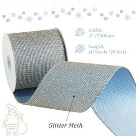 DINDOSAL Dusty Blue and Gold Ribbon Wired 4" x 10 Yards Dusty Blue with Champagne Gold Glitter Mesh Wired Ribbon for Christmas Tree Decoration, Wreaths and Garlands, Gift Wrapping, Home Decor,Crafts