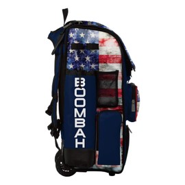 Boombah Superpack Hybrid Rolling Bat Bag: USA Old Glory Navy, Red & White. Baseball Softball Bag with Wheels Holds 4 Bats, Ventilated Shoe Compartment, Telescopic Handle, Rolling & Backpack Version