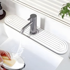 Diatomite Faucet Mat for Kitchen Sink - 23.6''L Fast Drying Stone Splash Guard, Super Absorbent Water Absorbing Tray, Prevents Moisture Buildup for Bathroom Countertop (White)