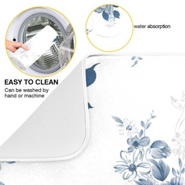 Tarity Watercolor Blue Flower Dish Drying Mat for Kitchen Counter Absorbent Heat Resistant Microfiber Dishes Drainer Mat 18x24 in Large Dish Pad Sink Mat Protective Pad Kitchen Decor