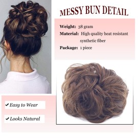 Cybelleza Messy Bun Hair Piece Curly Hair Scrunchies Thick Messy Hair Bun Updo Hairpiece Synthetic Ribbon Ponytail Extensions Donut Chignons Wavy Wig for Women Girls, 35g Chestnut Brown