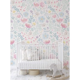 Simple Shapes Whimsy Floral Watercolor Mural Wall Art Wallpaper - Peel and Stick (2 Sheet Pack (2x8 feet), Pink Blue)