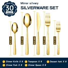 Hammered Silverware Set, 30 Pieces Flatware Set Service for 6, Mirror Polished Cutlery Utensil Set Include Fork Knife Spoon Set Dishwasher Safe, 18/10 Premium Stainless Steel (Gold-30)