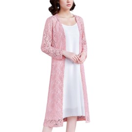 FindThy Women’s Casual Long Duster Cardigan 3/4 Sleeve Open Front Embroidered Lace Kimono Cover Up(0796-Pink-L-LB)