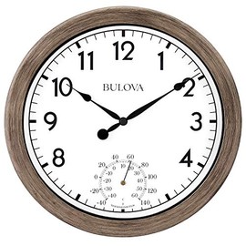 Bulova Patio Time Wall Clock C4879 | 10.25" Rattan-Look Waterproof High-Impact Case with Thermometer | High-Heat Resistant | Battery Operated | Indoor/Outdoor Decorative Clock