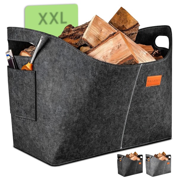 Large Firewood Basket, Recycled Felt with Side Pocket, Robust and Versatile, Dark Grey
