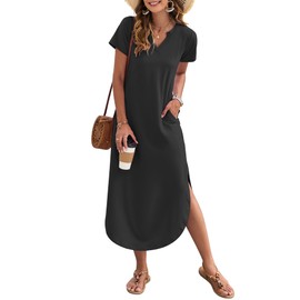 MISFAY Women's Summer Casual Maxi Dress 2025 Short Sleeves V Neck Loose Sundress Split Long Beach T Shirt Dress Vacation Outfits(Black,L)