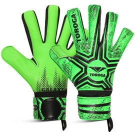 TOROGA Football Goalkeeper Gloves For Boys, Kids Children Youth Soccer Goalie Gloves with 4mm Latex Finger Spine Protection (Green Flat+Negative Cut, 10 - For L-XL(ADULT), Ambidextrous)