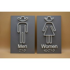 Virterra Design Custom Men Women Cowboy Cowgirl Toilet Signs Braille Bathroom Restroom Silver