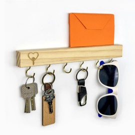 Qsdboc Wooden Key Holder, No Drilling, Minimalist Key Holder with 6 Hooks, Wall Key Board, Key Rack for Hallway, Living Room, Bedroom, Kitchen