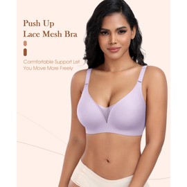 DOCUMO Bras for Women Mesh V Neck No Underwire Wireless Everyday Bra with Lift Push Up Seamless Bralettes for Women with Bra Extender(Purple,Medium)