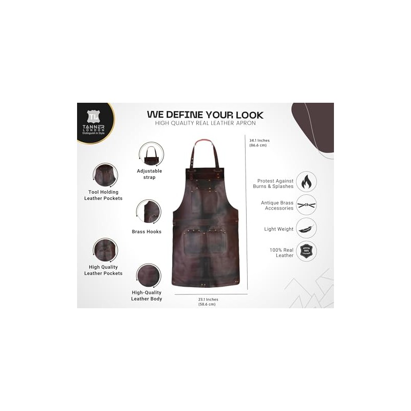 Tanner london Full Grain Leather Apron, Dark Brown, Black, Green,