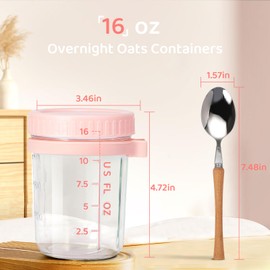 HomArtist Glass Overnight Oats Containers with Lids and Spoon, 16oz Wide Mouth Mason Jars for Overnight Oats, Cereal, Yogurt, Salad Lunch Container with Measurement Marks - Pink&White 2 Pack