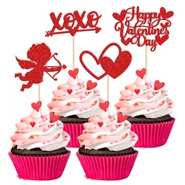 24 piezas de decoración para magdalenas del día de San Valentín con purpurina roja XOXO Cupido Dulce Amor Cupcake Púas de comida tema del día de San Valentín Boda Despedida de Novia Fiesta de Cumpleaños Suministros de decoración de pasteles