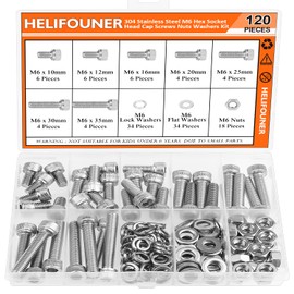 HELIFOUNER 120 Pieces M6 x 10mm /12mm /16mm /20mm /25mm /30mm /35mm, Hex Socket Head Cap Screws Bolts Washers Nuts Kit, 304 Stainless Steel