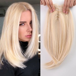 EMMOR 14 Inch Light Blonde & Bleach Blonde Mixed Hair Toppers for Women Synthetic Hair Toppers Hair Pieces Swiss Base with 3 Clips in Wiglet Toppers for Women with Thinning Hair Grey Hair Hair Loss