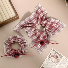 TUCEWP Scrunchies for Women 2Pcs Large Red Plaid Scrunchies for Long Thick Curly Hair Soft Lace Hair Bands Cherry Bow Hair Scrunchie Cute Scrunchy Ponytail Holders Elastic Hair Ties Hair Accessories