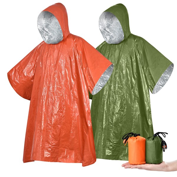 ELUTENG Aluminum Poncho Survival Seat Emergency Typhoon Prevention Goods, Raincoat, Lightweight, Emergency Seat, Disaster Prevention Goods, Simple, Unisex, Poncho Shape, Green + Orange, 55.1 x 82.7 inches (140 x 210 cm), Whistle, Mountaineering Buckle, S