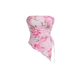 WDIRARA Women's Floral Mesh Strapless Side Ruched Tube Top Asymmetrical Hem Bandeau Crop Tops A Pink Medium