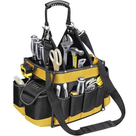 Heavy Duty Electrical Tool Tote Bag, Small Tool Tote with Handle, 25L Capacity, 22 Pockets, 15“ Waterproof Tool Bag for Mechanics, Electrician Tool Pouch, Tool Carrier, Tool Storage Bag, Yellow