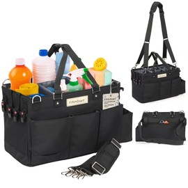 FifthStart Multiuse Cleaning Caddy w/Waist & Shoulder Strap - 9 Pockets Tote Bag for Housekeeping Gardening Fishing Bathroom Organizer Adjustable Compartments, Black Large Caddy Organizer with Handle