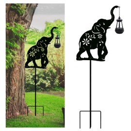 Solar Elephant Garden Stakes Outdoor Solar Decor Metal Elephant Holding Solar Animal Lantern Decorative Garden Metal Animal Stakes Outdoor Elephant Silhouette Stakes
