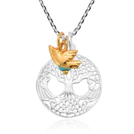 AeraVida Celtic Tree of Life Gold Plated Silver Dove Simulated Turquoise Bead Charm .925 Sterling Silver Necklace | Sterling Silver Necklace | Casual Sterling Silver Necklace for Women